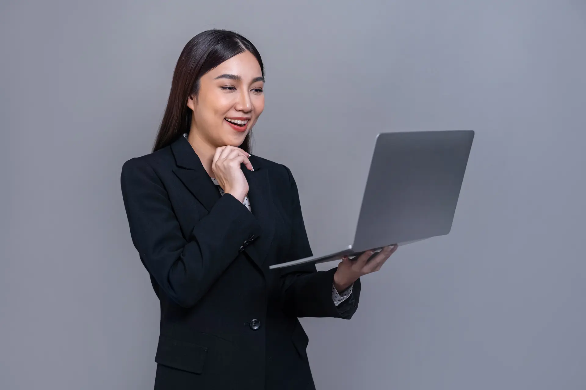 girl excited with her computer advertising her company